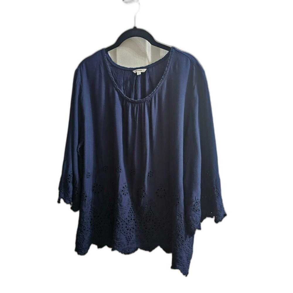 Sonoma Women's Navy Blue Eyelet 3/4 Sleeve Top XL Boho Peasant Chic